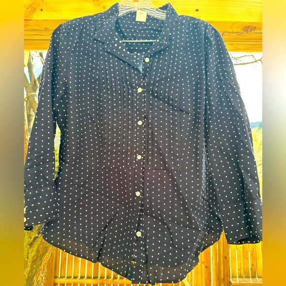 J. Crew Polka Dot Diamond Pattern Tuxedo Front Button Down Navy Top size 10 - Picture 2 of 10